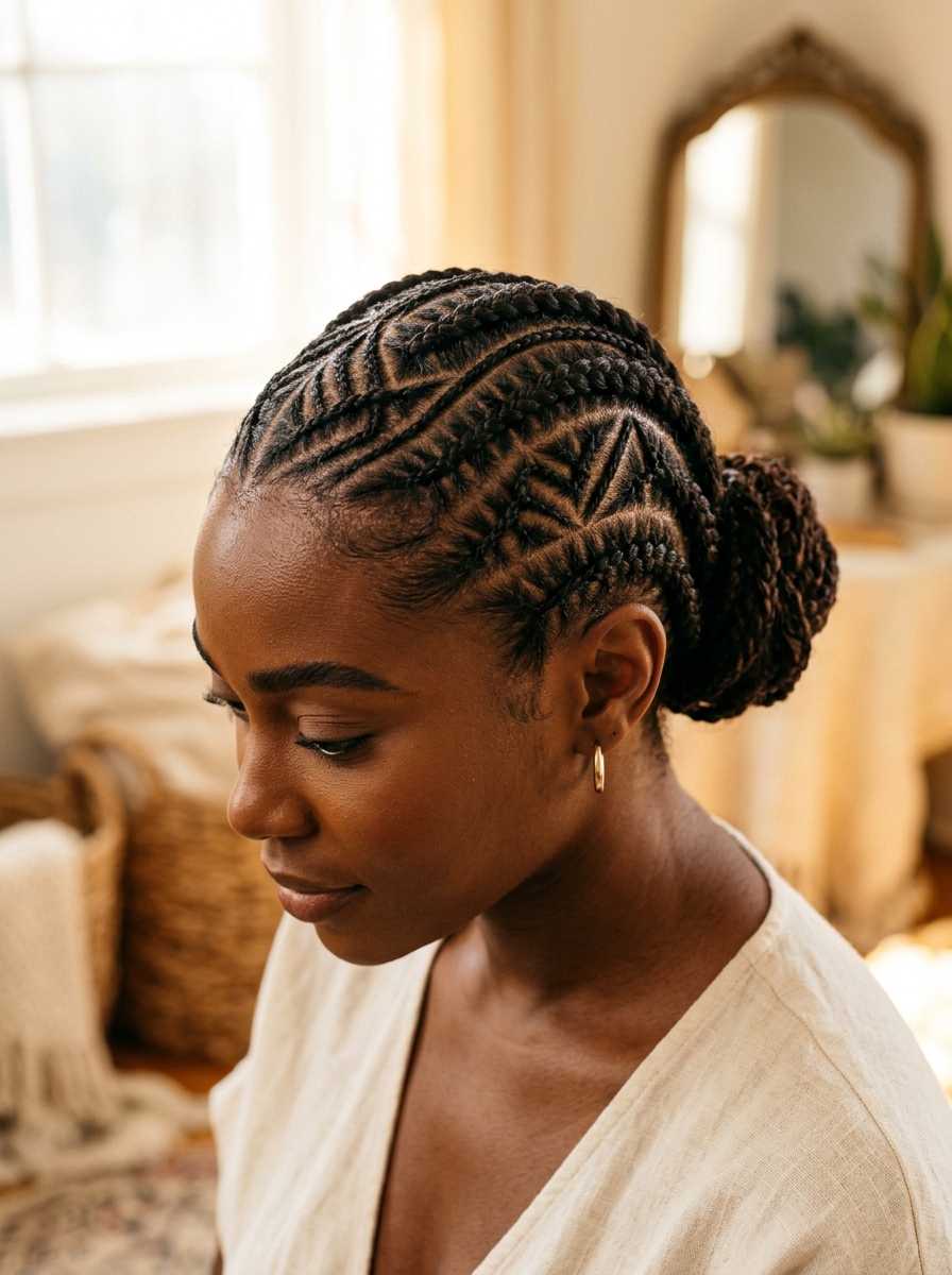 Cornrows in an intricate pattern